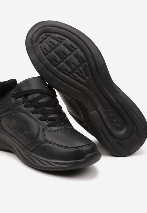 Czarne Płaskie Sznurowane Buty Sportowe Sneakersy Ozdobione Tłoczeniami Holeria