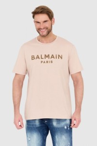 BALMAIN Beżowy t-shirt z aksamitnym logo flock and foil