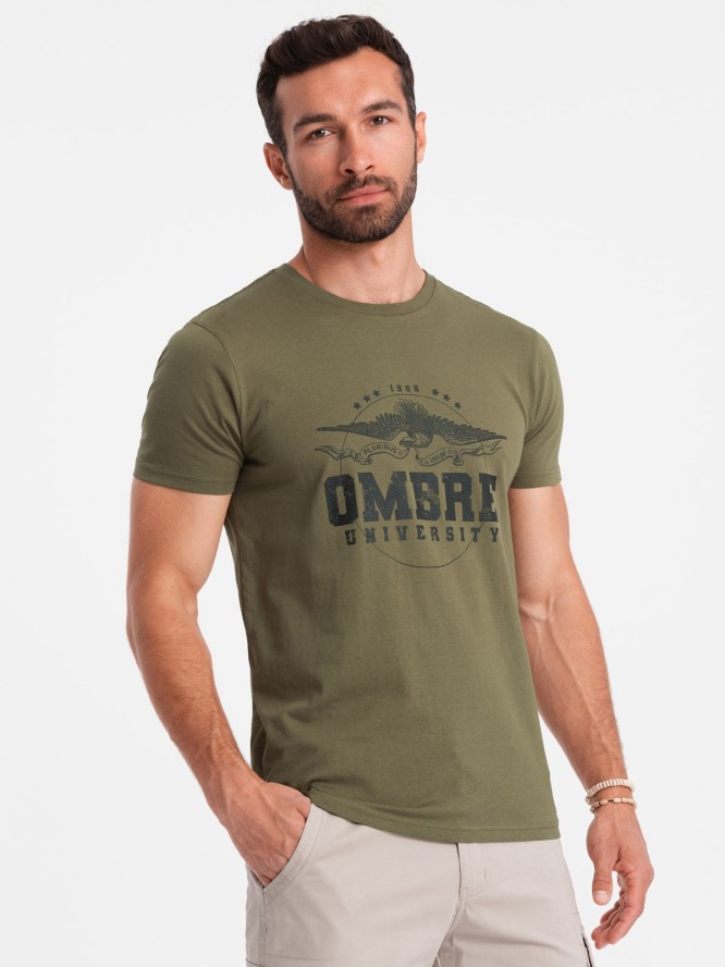 T-shirt męski bawełniany z printem militarnym - khaki V2 OM-TSPT-0164 - XXL