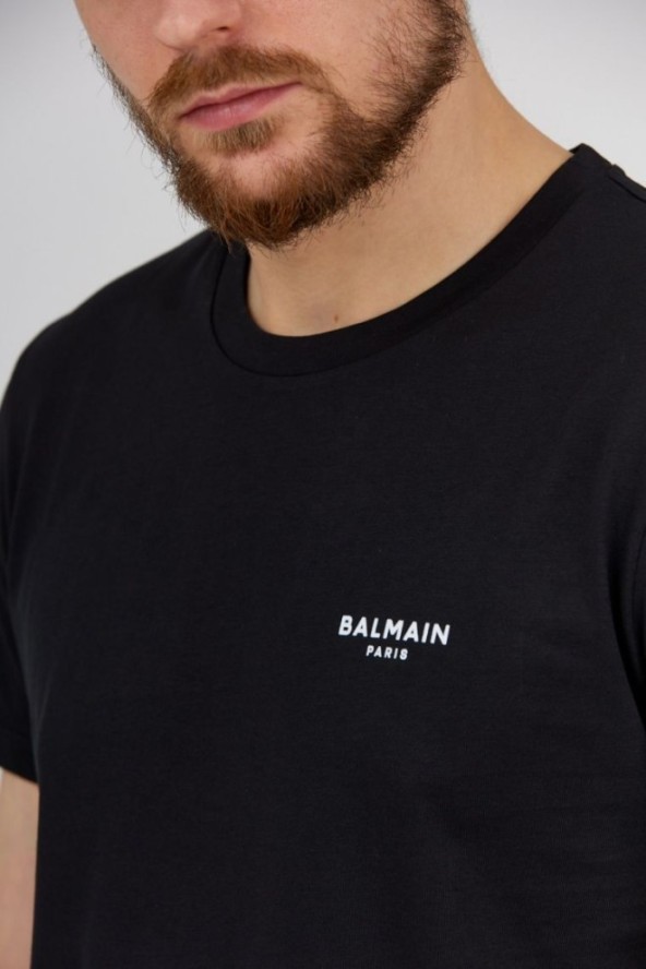 BALMAIN Czarny t-shirt męski z małym aksamitnym logo