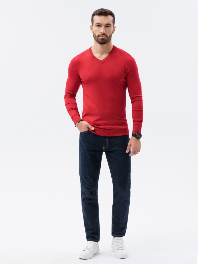 Sweter męski z haftem - czerwony V20 E191 - XL