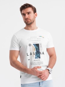 Męski t-shirt bawełniany z nadrukiem laguna - biały V1 OM-TSPT-0127 - S