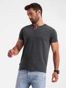 Męski t-shirt z rozpinanym okrągłym dekoltem henley – czarny V4 OM-TSCT-0155 - XXL
