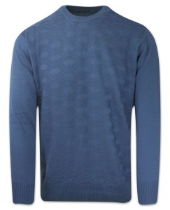 Sweter Bawełniany, Niebieski, Tłoczony Wzór, Okrągły Dekolt, U-neck, Męski -DEVIR