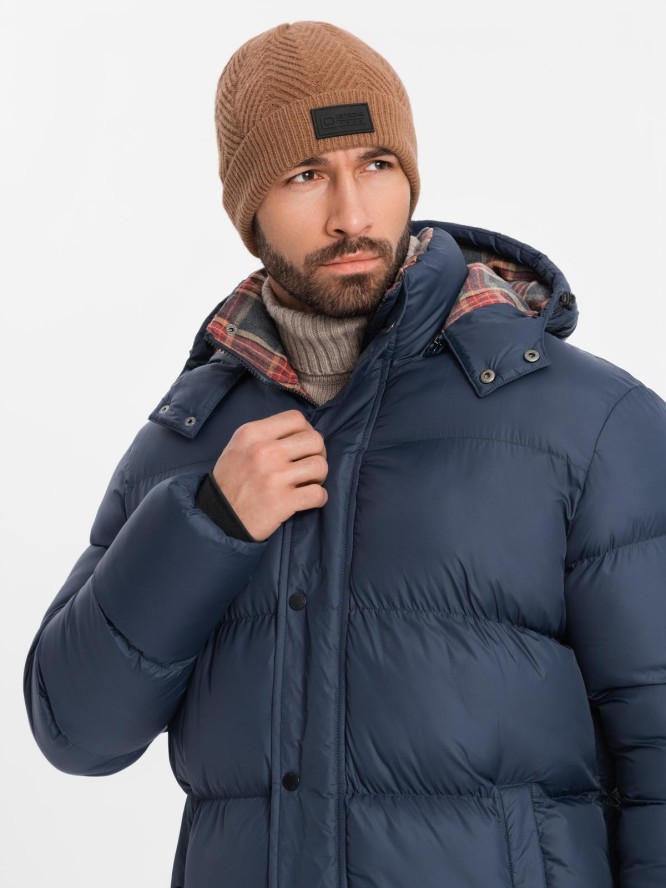 Kurtka męska puffer z podszewką w kratę – granatowa V1 OM-JAHP-0205 - XXL