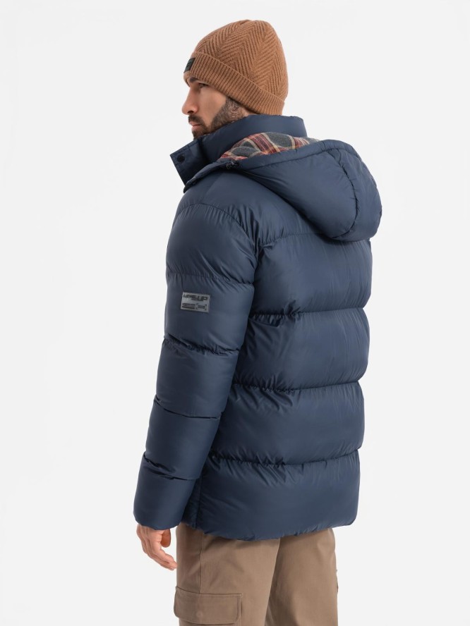 Kurtka męska puffer z podszewką w kratę – granatowa V1 OM-JAHP-0205 - XXL