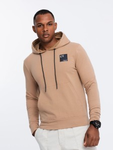 Męska bluza z kapturem kangurka z logotypem – brązowa V3 OM-SSNZ-0162 - XXL