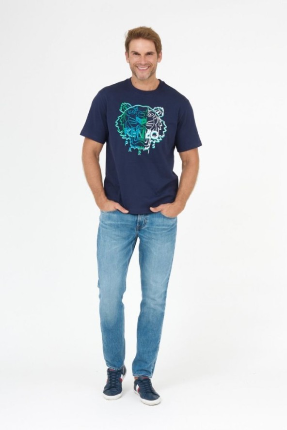 KENZO Granatowy t-shirt męski z wyszywanym logo