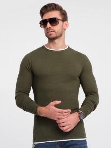 Bawełniany sweter męski z okrągłym dekoltem - ciemnooliwkowy V7 OM-SWSW-0103 - XXL
