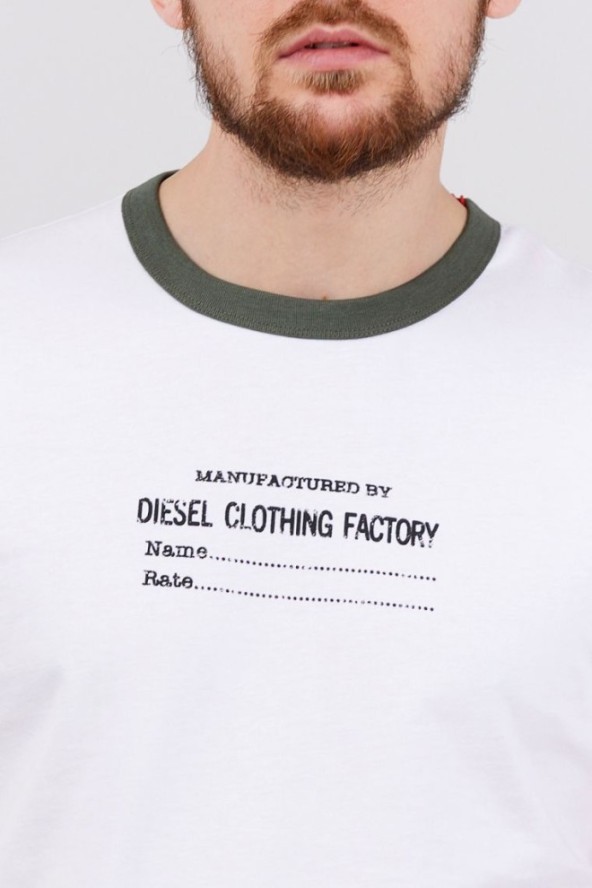 DIESEL Biały t-shirt męski z lamówką w kolorze khaki