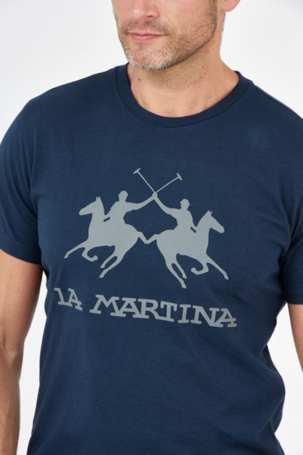 LA MARTINA Granatowy t-shirt męski z szarym logo