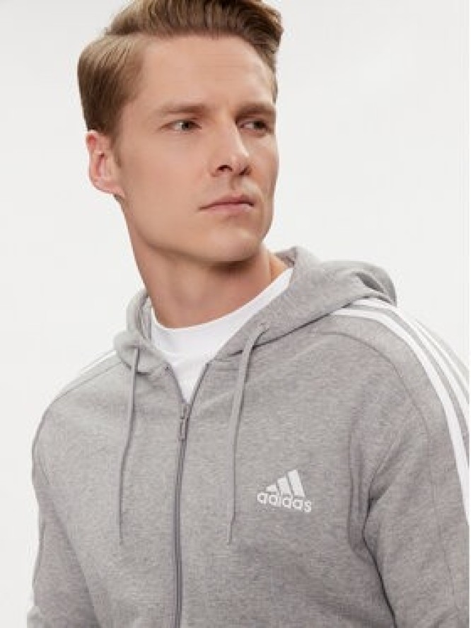 adidas Bluza Essentials French Terry 3-Stripes Full-Zip Hoodie IC9833 Szary Regular Fit