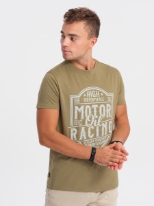 T-shirt męski bawełniany z nadrukiem - oliwkowy V2 S1735 - XXL