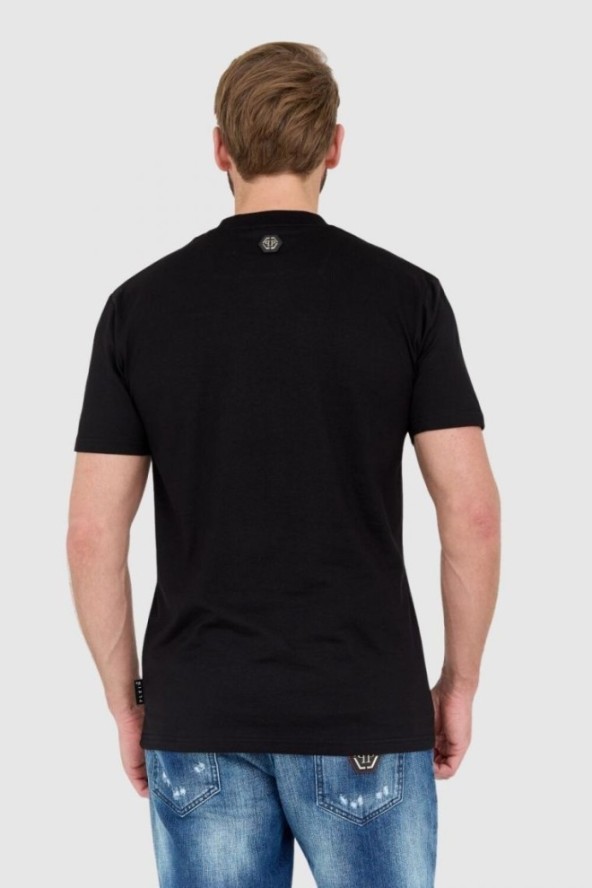 PHILIPP PLEIN Czarny męski t-shirt z czaszką zdobioną dżetami