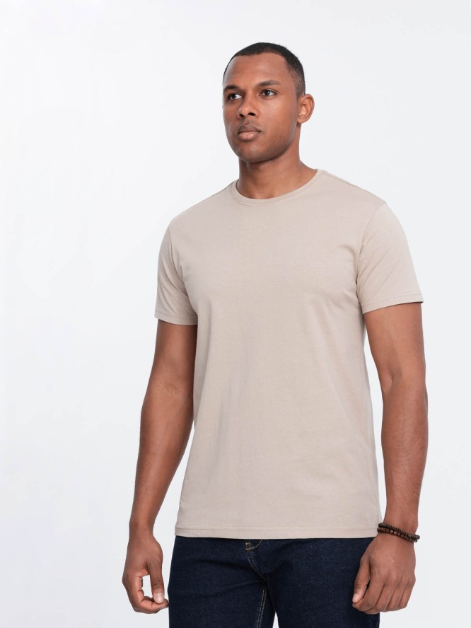 Klasyczny T-shirt męski bawełniany BASIC - piaskowy V11 OM-TSBS-0146 - XXL