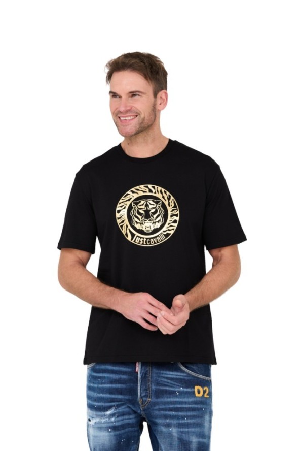 JUST CAVALLI Czarny t-shirt T-round Gold