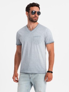 T-shirt męski V-neck o pręgowanej strukturze z kieszonką – szary V8 OM-TSCT-22SS-002 - XXL