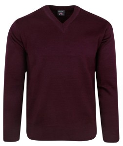 Męski Sweter z Wełną - Devir - V-neck - Bordowy