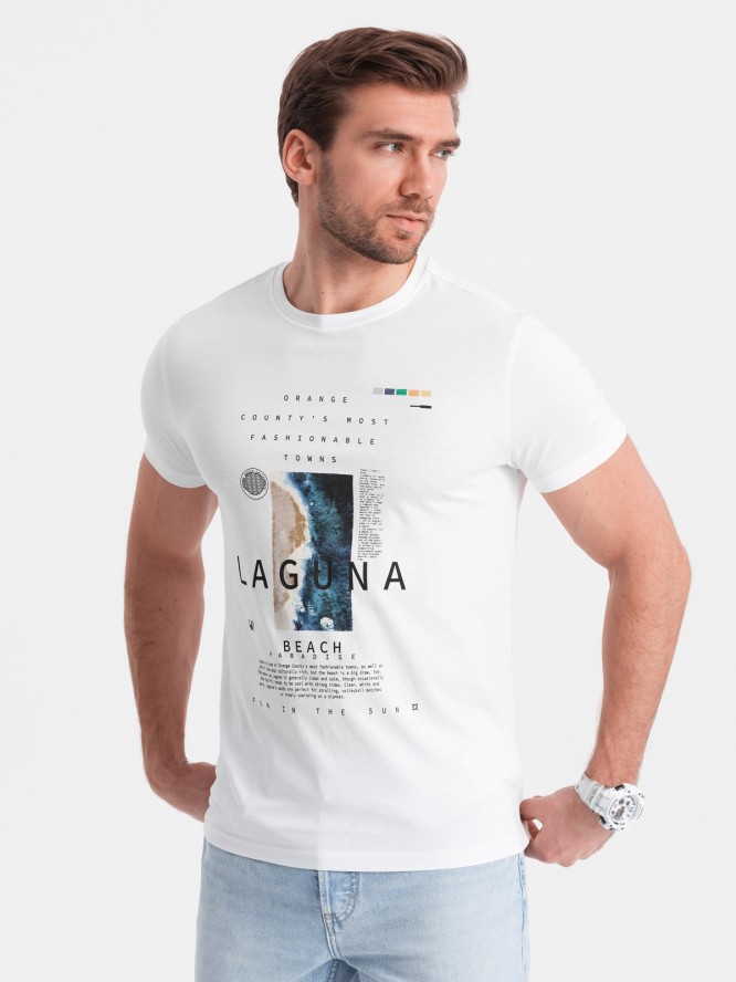 Męski t-shirt bawełniany z nadrukiem laguna - biały V1 OM-TSPT-0127 - XXL