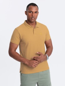 Męska jednokolorowa koszulka polo BASIC z dzianiny pique - musztardowa V8 OM-POBS-0100 - XL