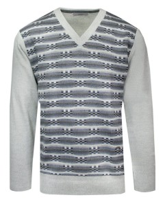 Sweter Szary w Serek, Wzór Geometryczny, V-neck, Męski, Cienki -YAMAK