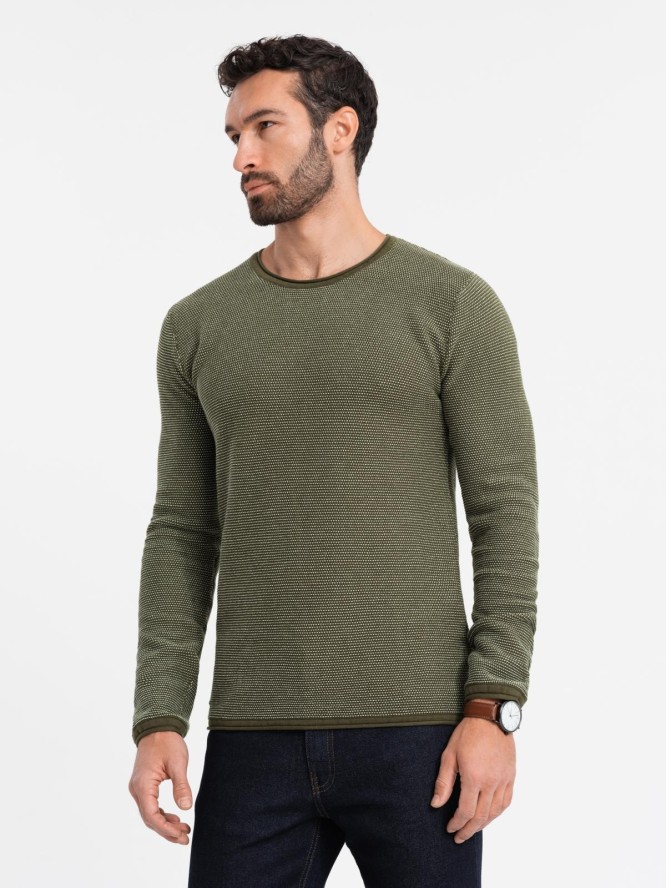 Dzianinowy męski sweter w strukturalne kropki – oliwkowy V2 OM-SWSW-0118 - XXL