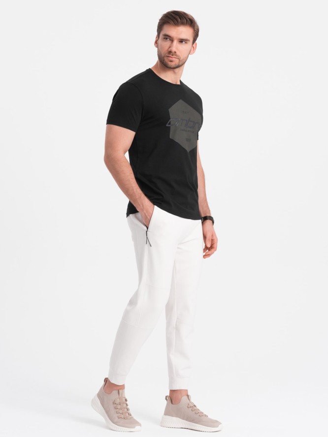 Męski t-shirt bawełniany z nadrukiem geometrycznym i logotypem - czarny V2 OM-TSPT-0141 - XXL