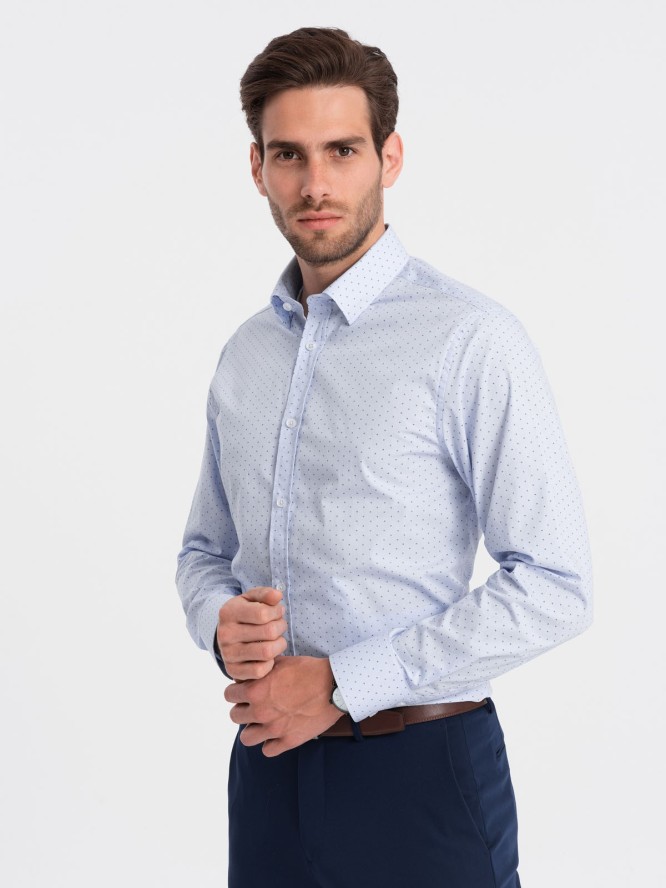 Klasyczna męska bawełniana koszula SLIM FIT w mikro wzór - błękitna V7 OM-SHCS-0156 - XXL