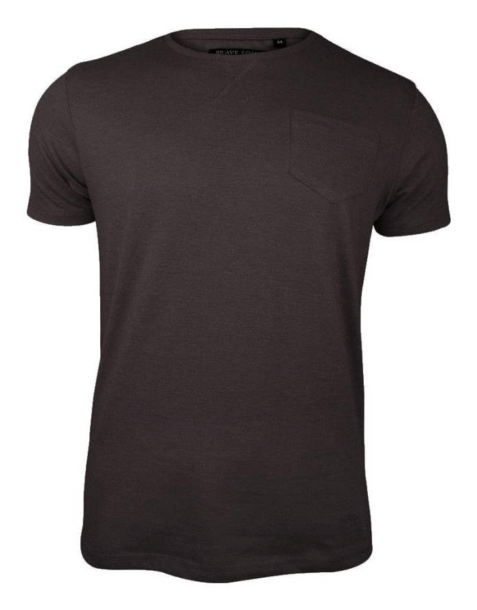 T-Shirt Brązowy z Kieszonką, Koszulka Bez Nadruku -Brave Soul- Męski, Okrągły Dekolt