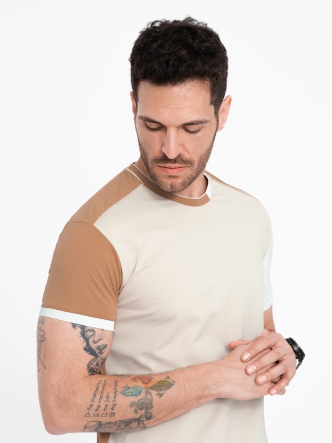 Męski t-shirt z elastanem z kolorowymi rękawami - brązowy V1 OM-TSCT-0176 - XXL