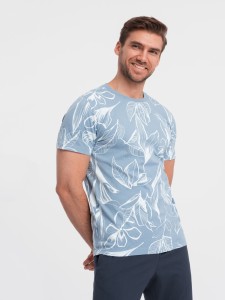 Męski t-shirt fullprint w kontrastowe liście - błękitny V2 OM-TSFP-0180 - XXL