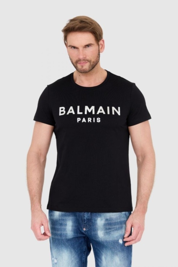 BALMAIN Czarny t-shirt męski ze srebrnym logo