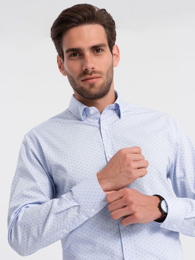 Klasyczna męska bawełniana koszula SLIM FIT w mikro wzór - błękitna V7 OM-SHCS-0156 - XXL