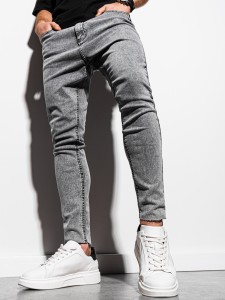 Spodnie męskie jeansowe marmurkowe z surowo wykończoną nogawką SLIM FIT - szare V1 OM-PADP-0146 - XXL
