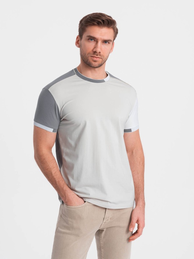 T-shirt męski z elastanem z kolorowymi rękawami - szary V4 OM-TSCT-0176 - XXL