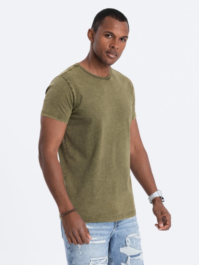 T-shirt męski z efektem ACID WASH - oliwkowy V4 S1638 - XL