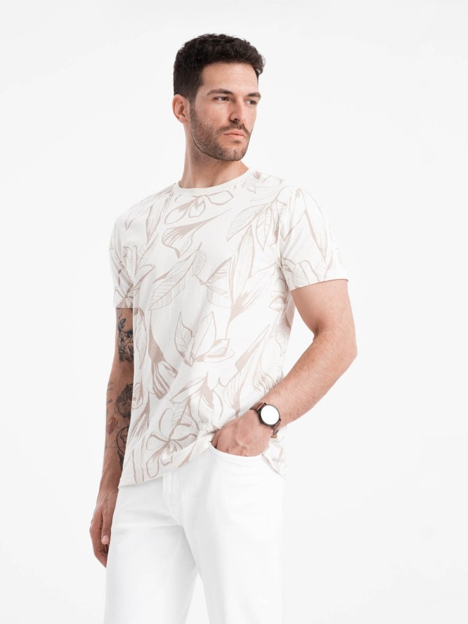 T-shirt męski fullprint w kontrastowe liście - jasnobeżowy V1 OM-TSFP-0180 - XXL