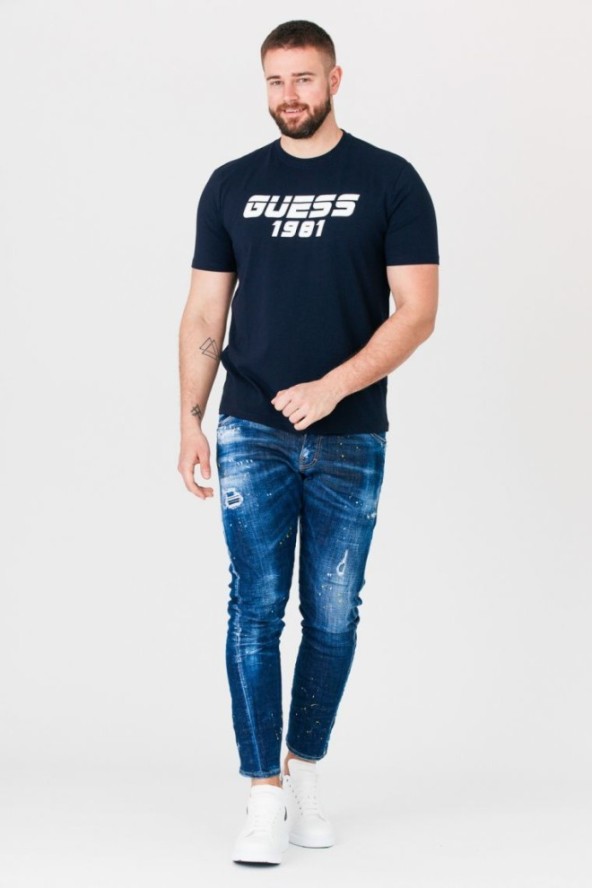 GUESS Granatowy t-shirt męski z odblaskowym logo