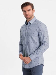 Klasyczna męska bawełniana koszula SLIM FIT w kraby - jasnoniebieska V6 OM-SHCS-0156 - XXL