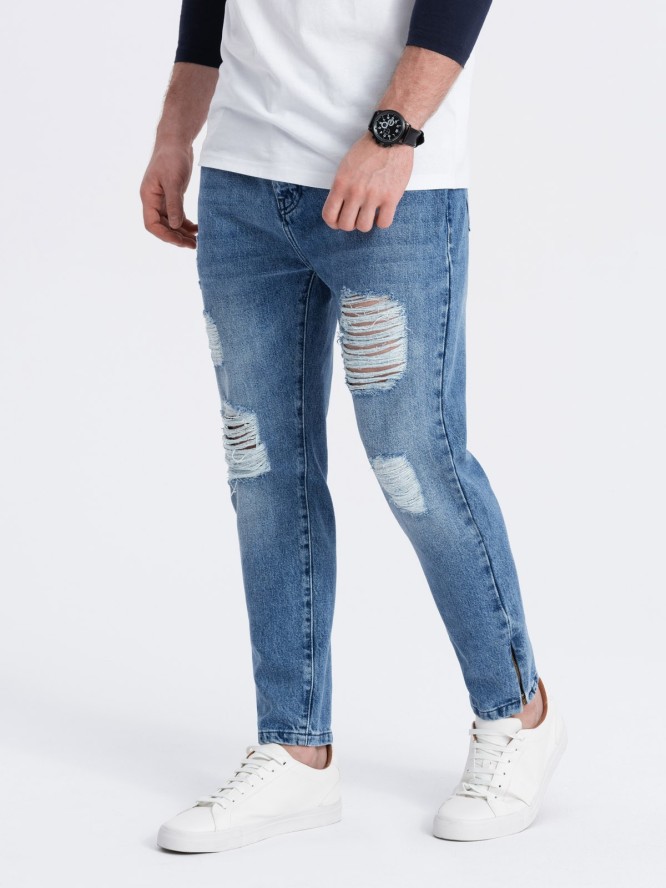 Męskie spodnie jeansowe taper fit z dziurami - niebieskie V3 P1028 - XXL