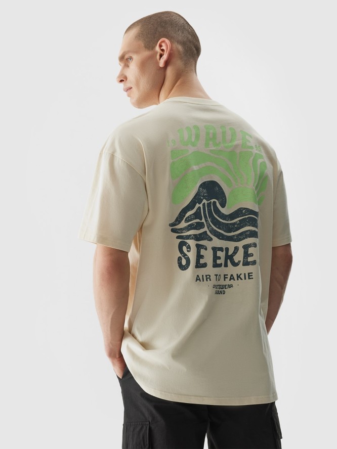 T-shirt oversize z nadrukiem męski - beżowy