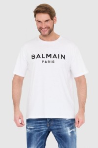BALMAIN Biały t-shirt męski z drukowanym czarnym logo