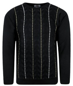 Sweter Czarny w Pionowe Paski, Okrągły Dekolt (U-neck) -KINGS- Męski