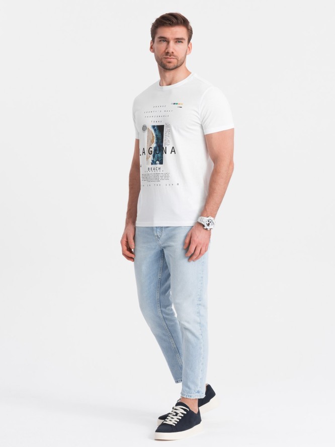 Męski t-shirt bawełniany z nadrukiem laguna - biały V1 OM-TSPT-0127 - XXL