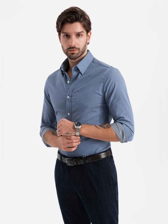 Koszula męska SLIM FIT z ozdobnej tkaniny – niebieska V1 OM-SHCS-0175 - XXL