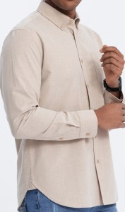 Koszula męska bawełniana REGULAR FIT z kieszenią - beżowy V1 OM-SHOS-0153 - XL
