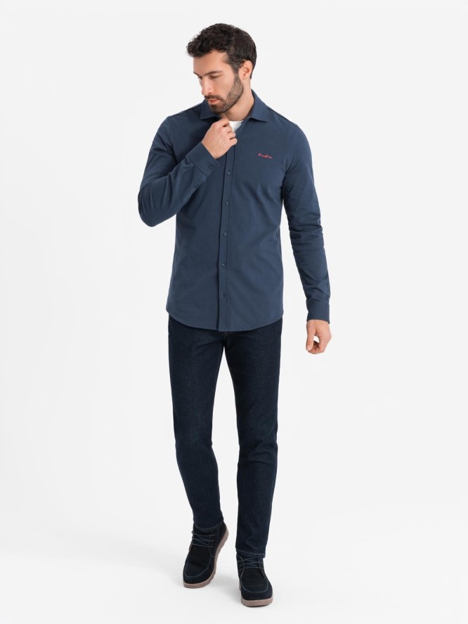 Koszula męska bawełniana REGULAR z dzianiny single jersey - granatowa V2 OM-SHCS-0138 - XXL