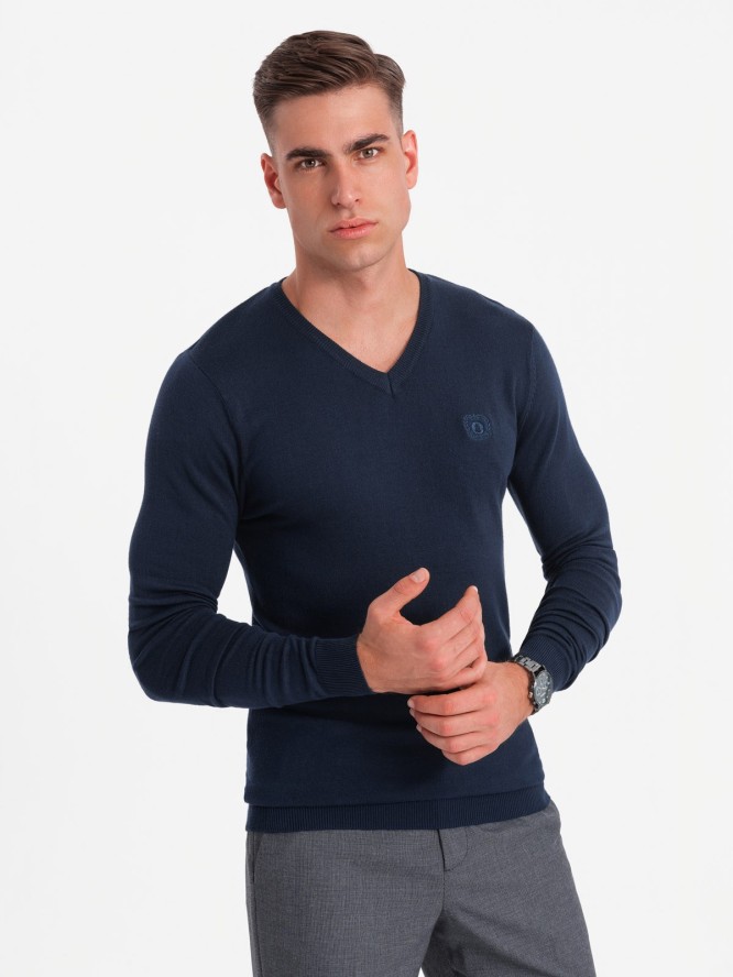 Męski elegancki sweter BASIC V-neck z wiskozą – granatowy V2 OM-SWBS-0107 - XXL