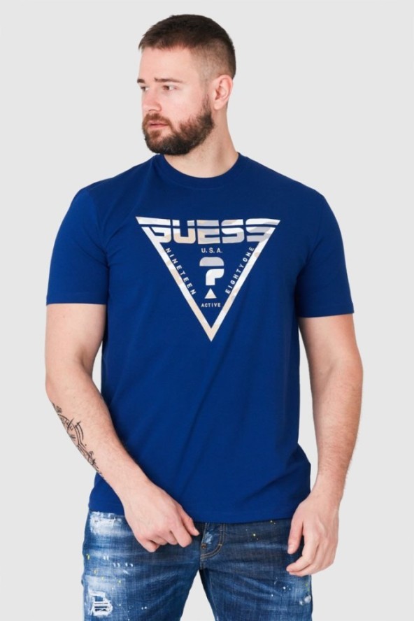 GUESS Granatowy t-shirt męski z logo w moro