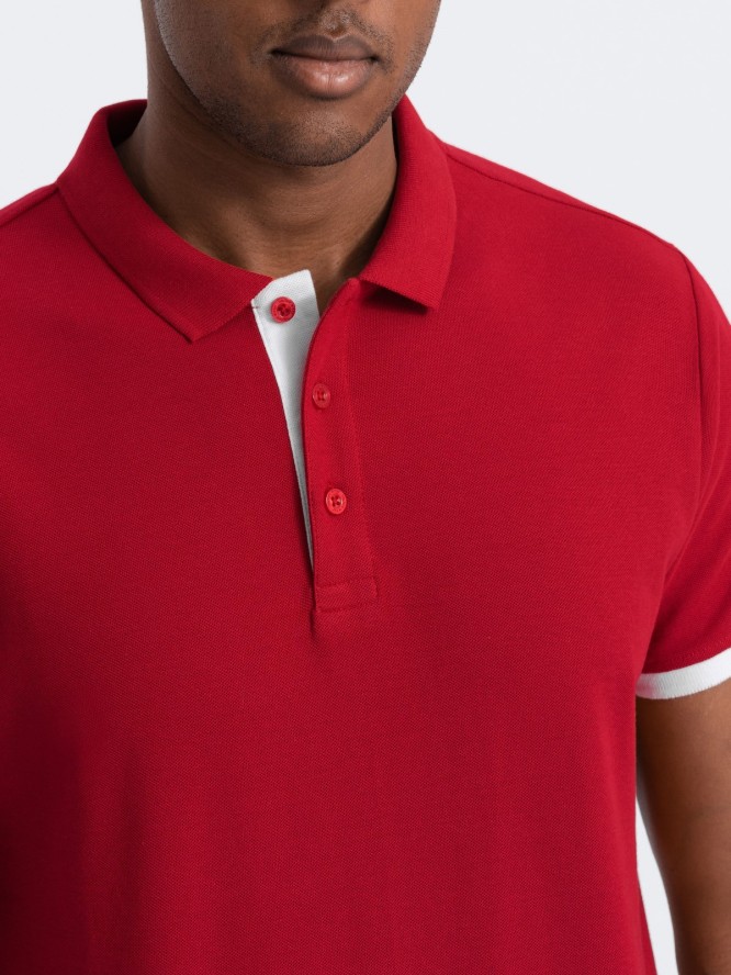 Męska bawełniana koszulka polo z kontrastowymi wykończeniami - czerwona V2 OM-POSS-0113 - XL